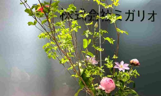 ピンクの芍薬とクレマチス、五葉躑躅の枝を活けた和モダンな花器のアレンジメント