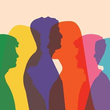 ミガリオの企業理念 | 多様な個性を表現した6人のシルエットイラスト、それぞれが緑、黄、紫、赤、ピンク、青のカラーで描かれている