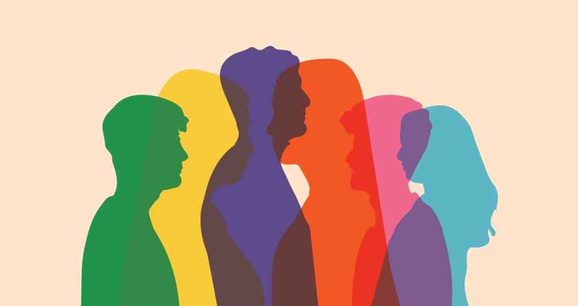 ミガリオの企業理念 | 多様な個性を表現した6人のシルエットイラスト、それぞれが緑、黄、紫、赤、ピンク、青のカラーで描かれている