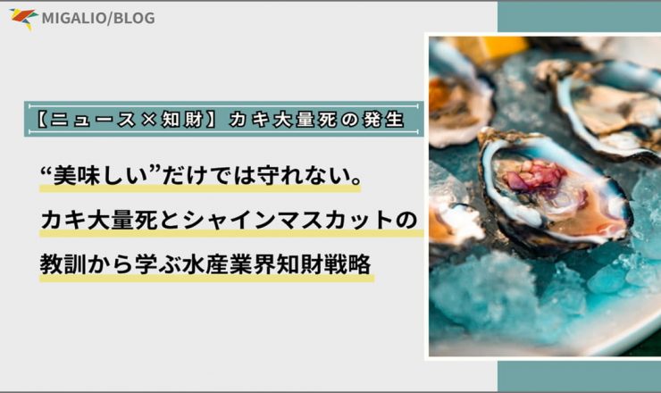 氷の上に盛り付けられた新鮮な生牡蠣の写真と、「【ニュース×知財】カキ大量死の発生 "美味しい"だけでは守れない。カキ大量死とシャインマスカットの教訓から学ぶ水産業界知財戦略」というタイトルのバナー画像。