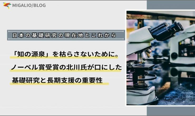 「日本の基礎研究の現在地とこれから」「『知の源泉』を枯らさないために。ノーベル賞受賞の北川氏が口にした基礎研究と長期支援の重要性」というタイトル文字と、実験室の顕微鏡の写真。