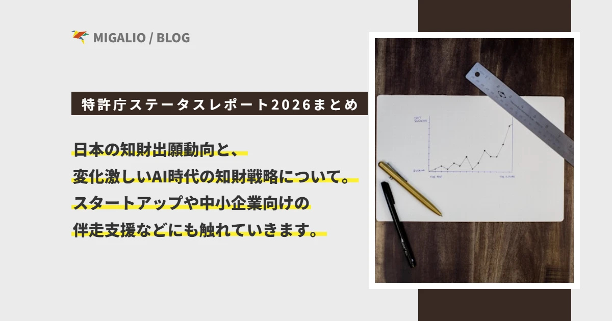 特許庁ステータスレポート2026まとめ。日本の知財出願動向と、変化激しいAI時代の知財戦略について。スタートアップや中小企業向けの伴走支援などにも触れていきます、というテキストと、右側に手描きの折れ線グラフが書かれたノート、ペン、定規が配置されたアイキャッチ画像。